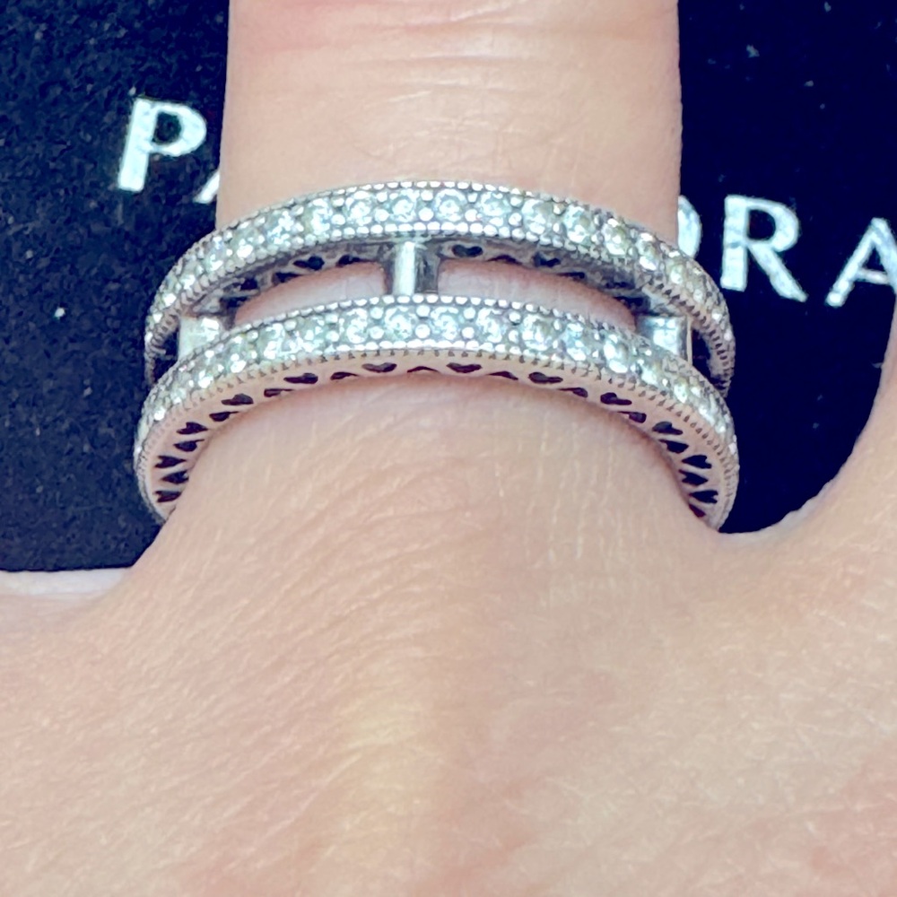 Authentic Pandora Double Heart Ring with Clear Cubic Zirconia Silver